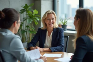 Consultante en accompagnement éthique discutant avec des collègues autour d'une table de réunion dans un bureau moderne