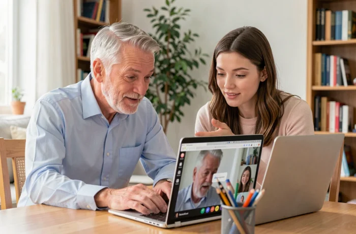 Un homme senior et une jeune femme regardent ensemble un ordinateur portable, illustrant l'accompagnement intergénérationnel dans l'apprentissage du numérique