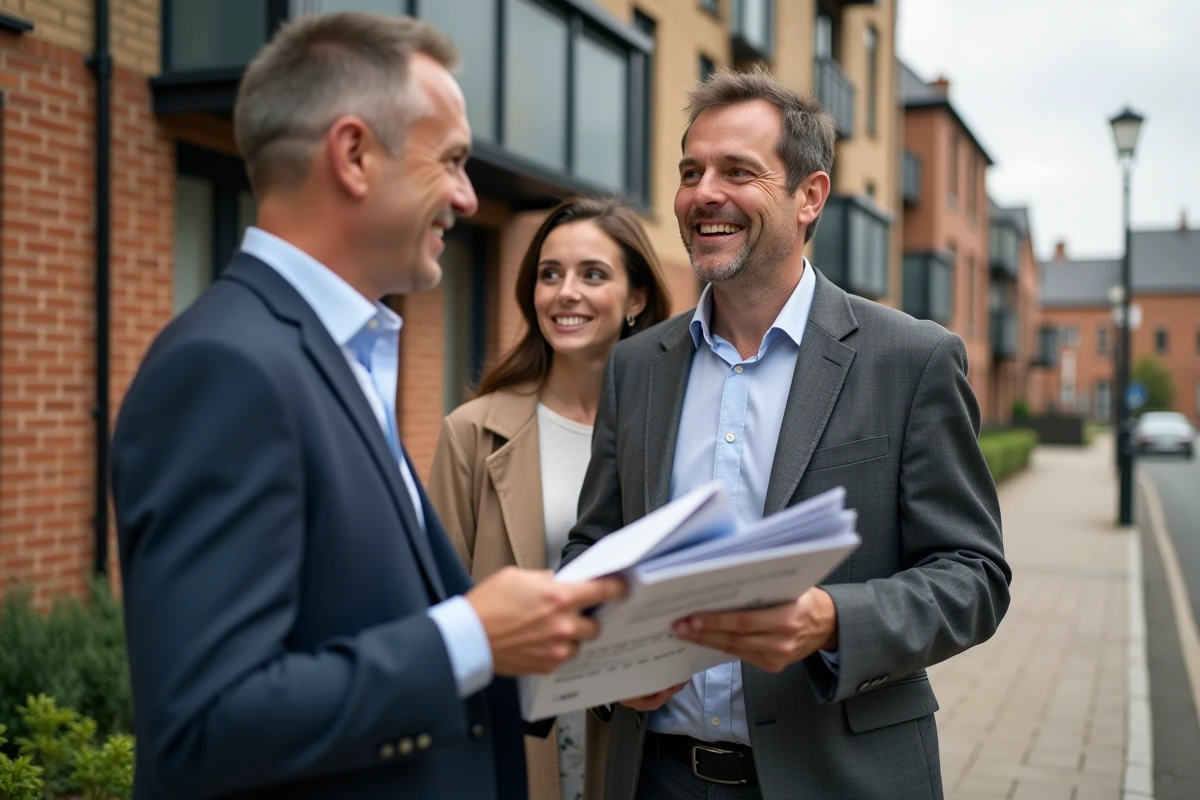 Agent immobilier discutant avec un couple devant un immeuble rénové