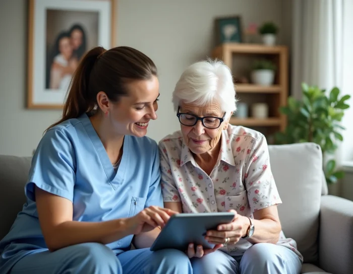 Aide-soignante accompagnant une personne âgée à domicile en consultant une tablette numérique ensemble