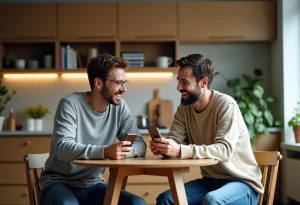Deux hommes rient dans une cuisine chaleureuse