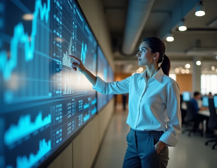 Femme analyste financière présentant des données boursières sur un écran interactif dans une entreprise d'investissement moderne