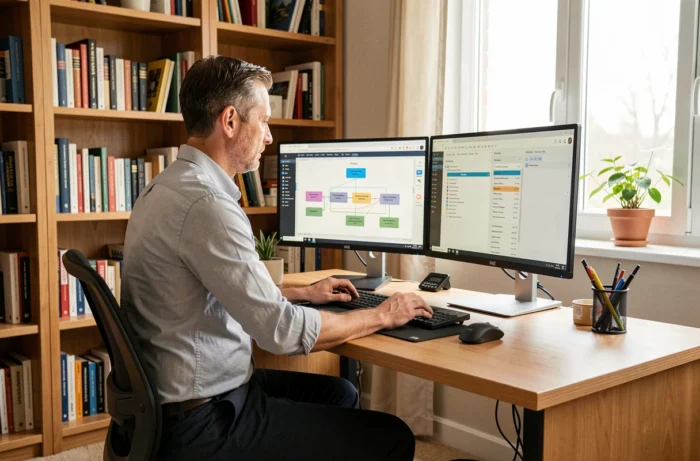 Homme travaillant sur l'architecture d'un site web avec deux écrans dans un bureau à domicile