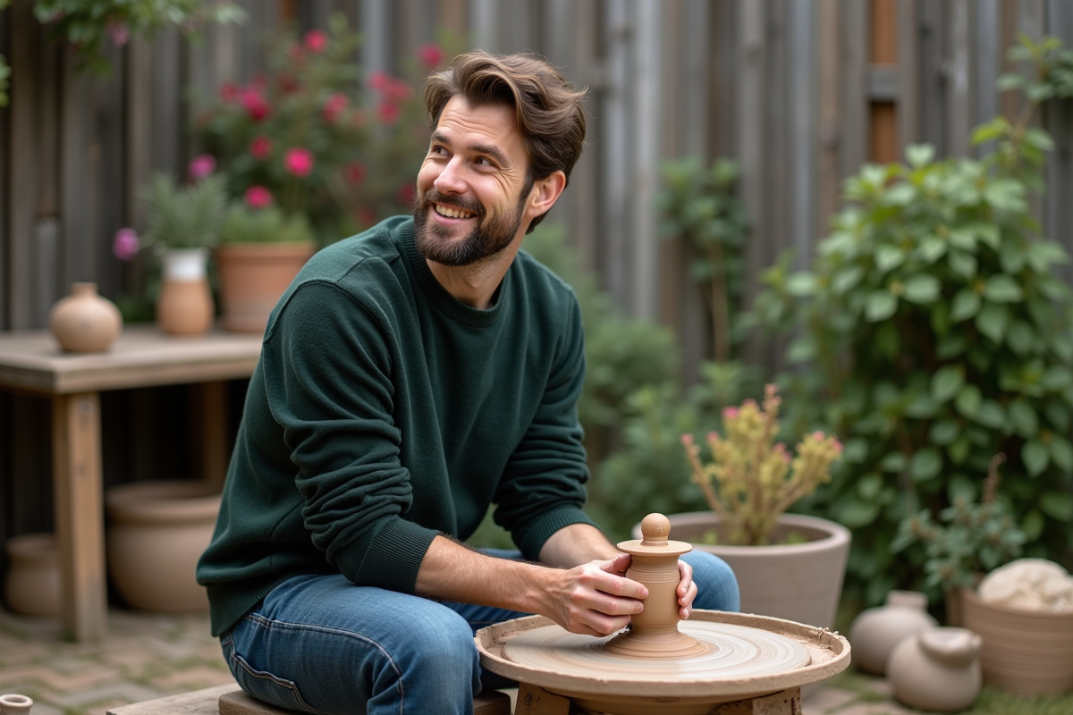 Jeune homme façonnant une poterie dans un jardin artisanal