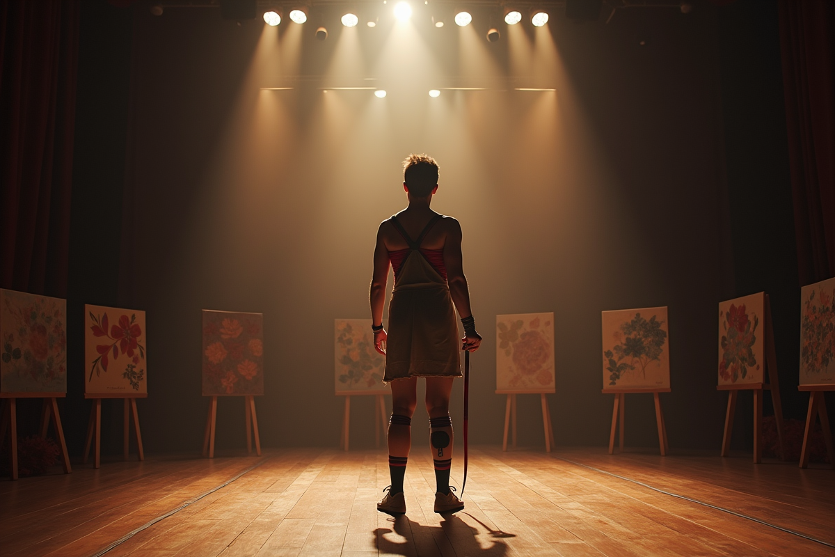 Artiste sur scène avec pinceau et costume partiel
