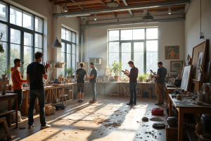 Groupe d'artistes multidisciplinaires en studio lumineux