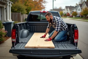 Homme barbu assemble un plateau coulissant dans un pickup