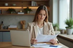 Femme consultant les documents d'assurance annulation voyage de sa carte de crédit Mastercard à la maison