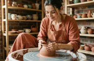 Femme faisant de la poterie dans un atelier artisanal tendance, activité loisirs créatifs populaire cette année