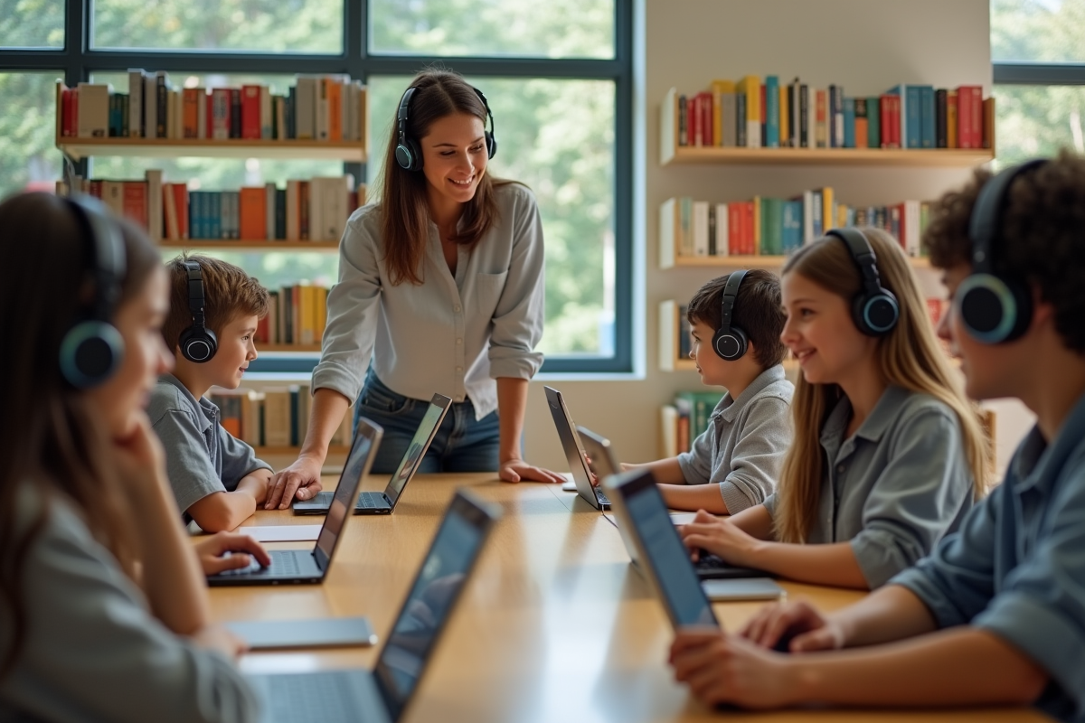 Enseignante guidant des élèves en bibliothèque avec tablettes et livres