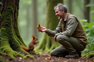 Biologiste en forêt observant un écureuil rouge