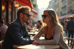 Deux célébrités assises au café en plein air avec soleil doux