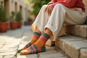 Femme portant des chaussettes color block corail vert sauge et moutarde tendance printemps été 2026 sur des marches en béton urbain