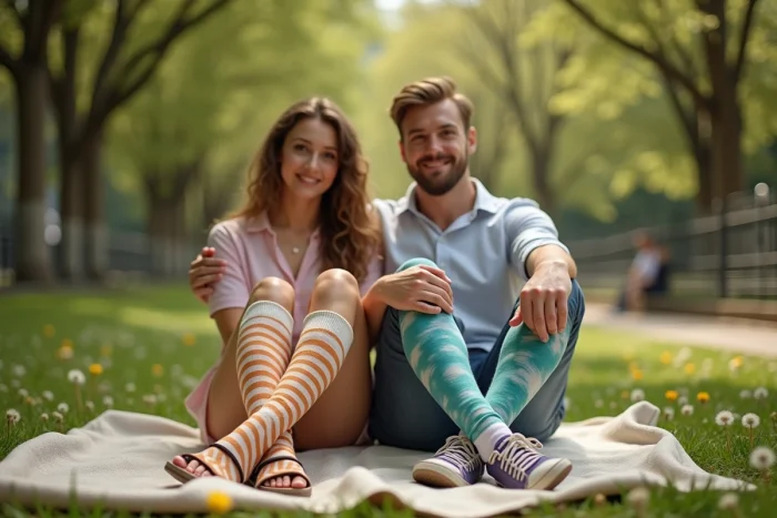 Deux amis comparant leurs chaussettes tendance printemps été 2026 rayures terracotta et tie-dye teal dans un parc urbain