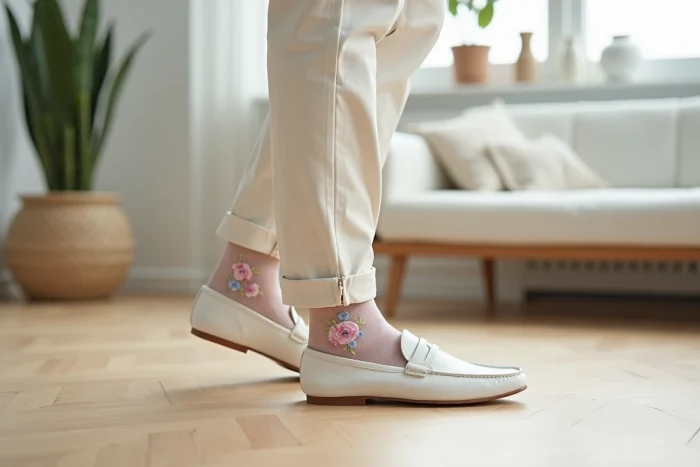 Homme en chaussettes transparentes à broderie florale pastel tendance mode printemps été 2026 dans un appartement scandinave
