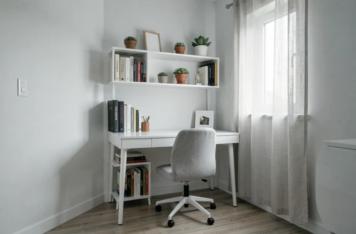 Coin bureau à domicile avec bureau blanc laqué et étagères ouvertes, mobilier compact et élégant pour petit espace intérieur