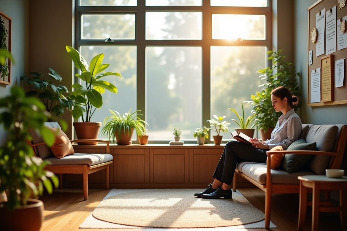 Coin détente au bureau avec personne lisant un livre au soleil