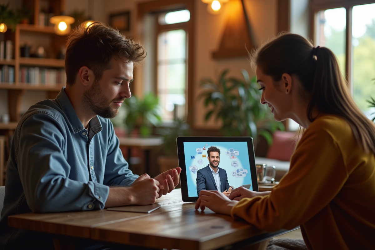 Deux collègues collaborant à distance dans un salon cosy
