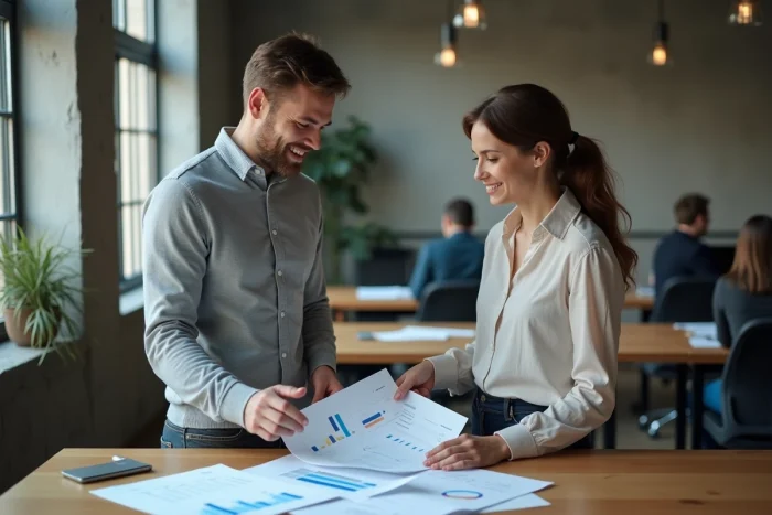 Deux collègues discutant des tendances d'investissement et de gestion financière dans un espace de coworking