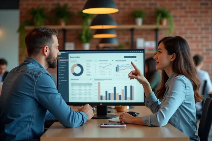 Deux collègues analysant un tableau de bord de planification financière en ligne dans un espace de coworking moderne