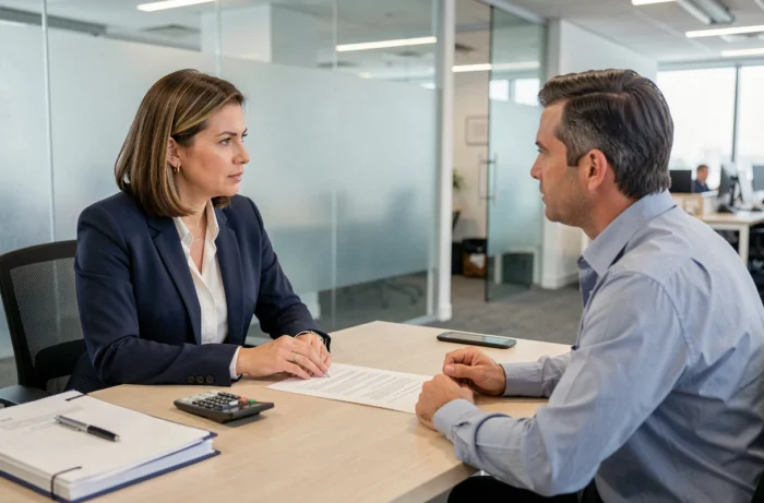 Conseillère bancaire présentant une offre de prêt immobilier à un client dans une agence moderne