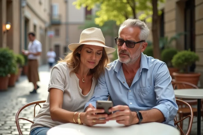 Couple de voyageurs consultant une demande de remboursement d'assurance annulation sur smartphone en terrasse européenne