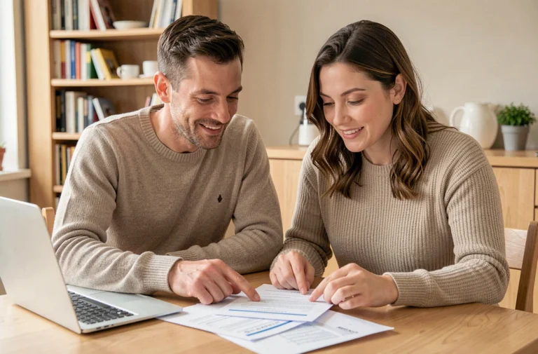 Couple examinant des documents de crédit immobilier sur un ordinateur portable dans une cuisine moderne