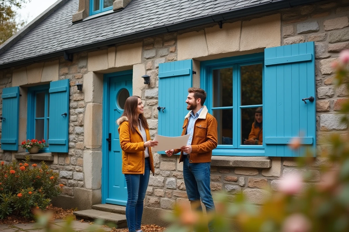 Jeune couple discutant devant une maison bretonne peinte en bleu