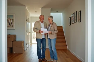 Couple senior souriant dans l'entrée d'une maison moderne
