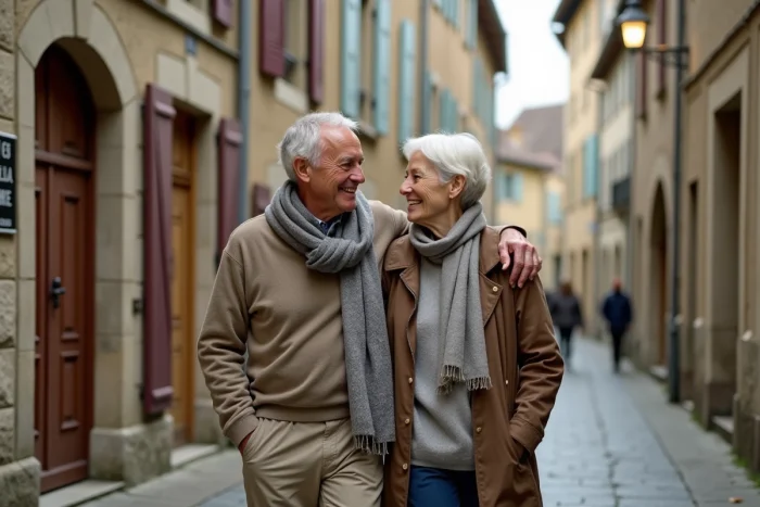 Couple de seniors marchant bras dessus bras dessous dans un village français, illustrant la tendresse et les surnoms affectueux en amour
