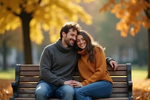 Couple complice dans un parc en automne, partageant un surnom affectueux à l'oreille, ambiance tendre et romantique