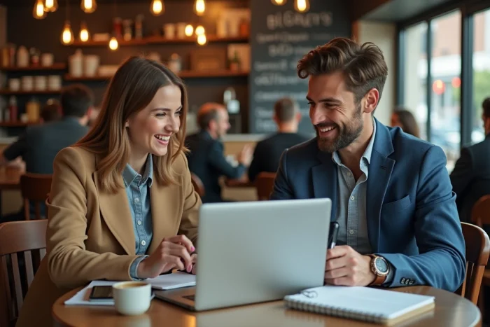 Deux jeunes entrepreneurs collaborant autour de pages de stratégie business sur leurs appareils dans un café moderne