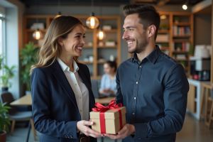 Femme souriante offrant un cadeau à un collègue dans un bureau moderne