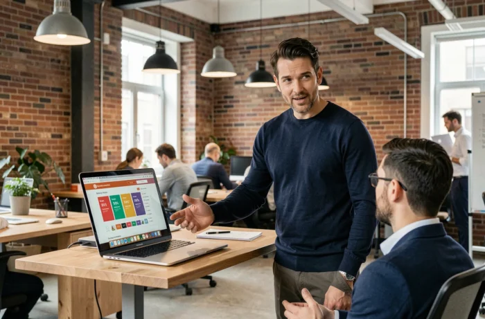 Entrepreneur masculin présentant une stratégie e-commerce innovante à un collaborateur dans un espace de coworking moderne