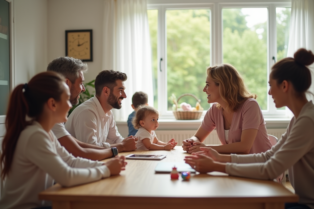 Parents interviewant babysitter dans cuisine lumineuse
