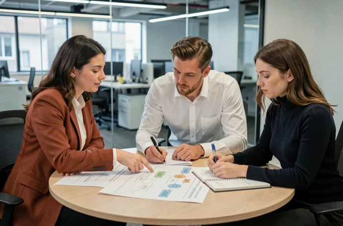Équipe de professionnels analysant un plan de navigation de site web en salle de réunion