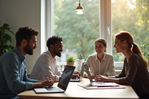 Groupe de professionnels en visioconference dans un bureau moderne