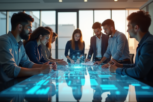 Groupe de jeunes professionnels collaborant autour d'une table digitale
