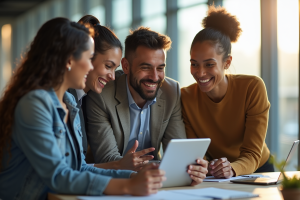 Groupe de collègues souriants collaborant autour d'une tablette numérique