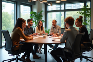 Espace de bureau moderne avec équipe diverse en réunion