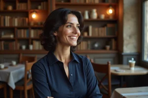 Femme française souriante dans un café parisien, illustrant l'expression affectueuse 'ma belle' utilisée en France