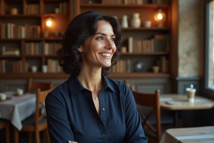 Femme française souriante dans un café parisien, illustrant l'expression affectueuse 'ma belle' utilisée en France
