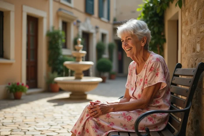 Deux femmes de générations différentes dans un village provençal, évoquant la tendresse de l'expression 'ma belle' entre proches en France