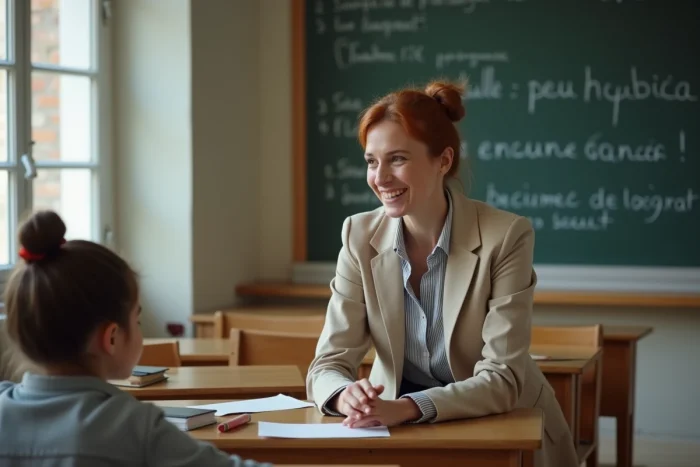 Institutrice française bienveillante dans une salle de classe traditionnelle, illustrant l'usage courant de 'ma belle' dans les relations chaleureuses en France