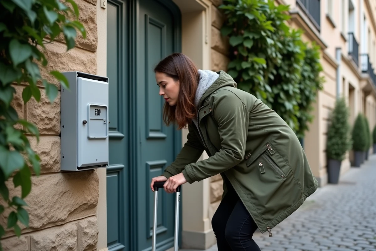 Jeune femme ouvrant une boîte électrique EDF devant une maison