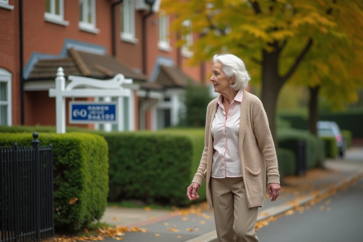 Femme active marchant devant une maison avec panneau vente