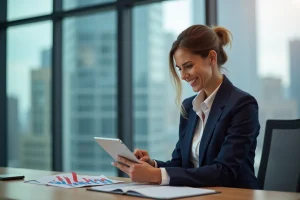 Femme d'affaires en costume bleu analysant des graphiques financiers