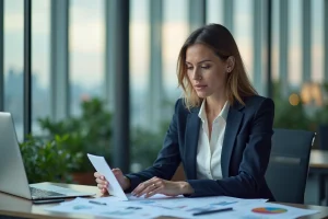 Femme professionnelle analysant des tendances financières sur un ordinateur portable dans un bureau moderne en 2024