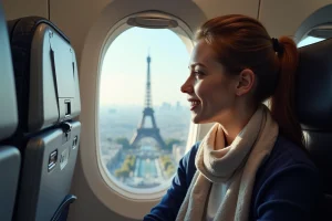 Jeune femme dans un avion regardant Paris