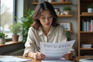 Femme dans son bureau lisant un document d'assurance